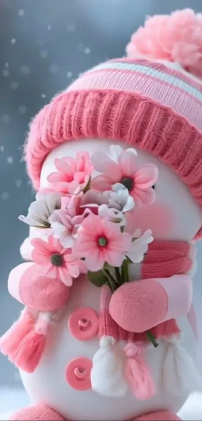 Cute snowman with pink hat and flowers, winter background.