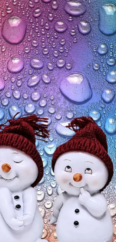 Charming snowmen with red hats on a colorful raindrop background.