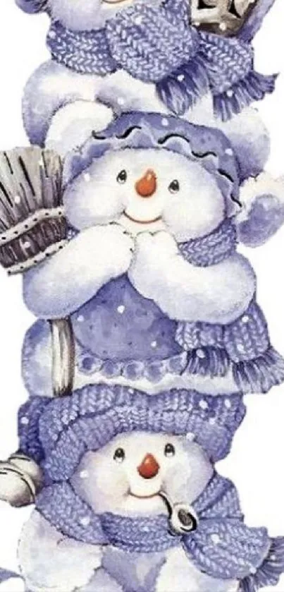 Cute snowmen with scarves and hats in a wintery mobile wallpaper.