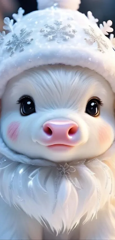 Adorable fluffy animal in a snowy hat, perfect for winter-themed wallpaper.