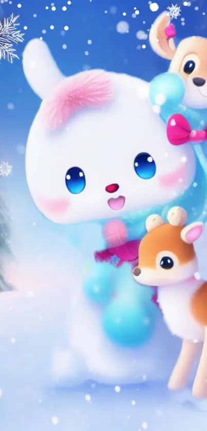 Cute cartoon snow character and deer in snowy landscape wallpaper.