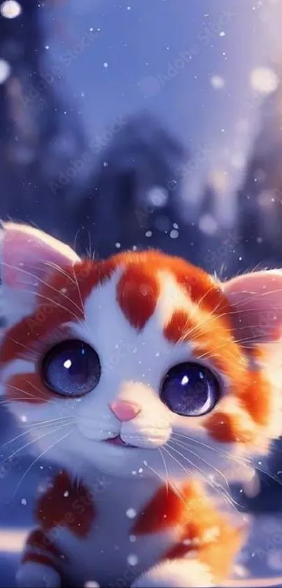 Adorable kitten with big eyes in a snowy landscape, perfect for mobile wallpaper.