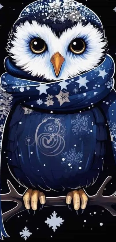 Cute snowy owl with blue scarf in winter background.