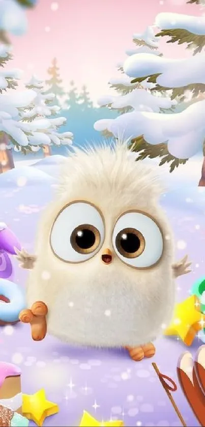 Adorable fluffy owl in snowy winter scene with playful elements.