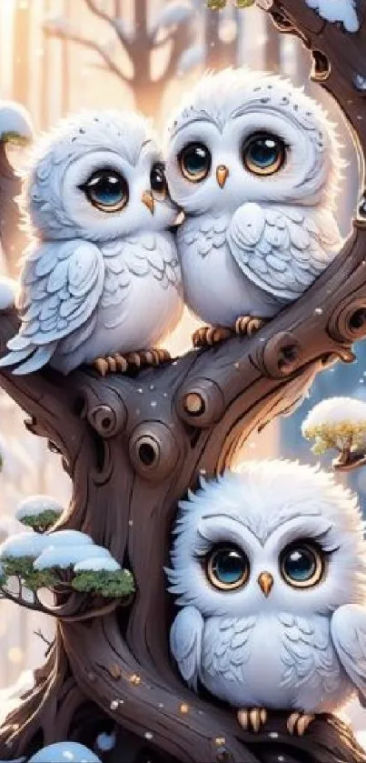 Three adorable snowy owls on a tree in winter.