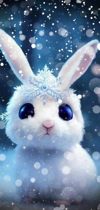 Cute rabbit with snowflakes and a blue wintery background.