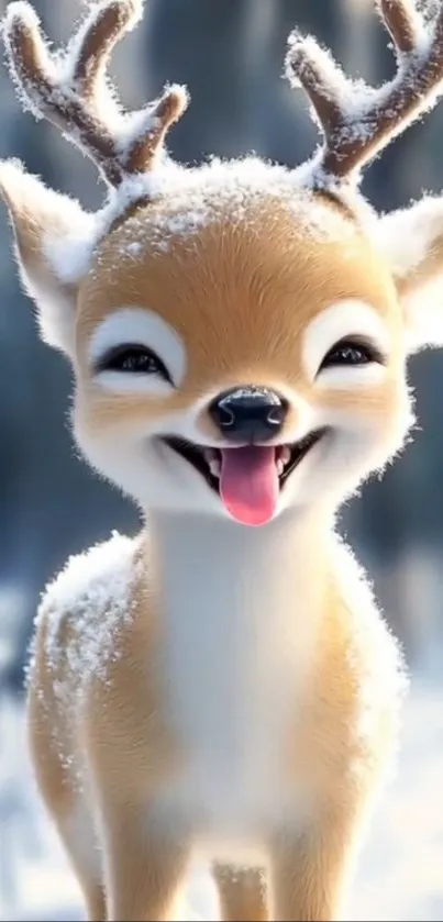 Adorable snow-covered reindeer with a happy face in a winter setting.