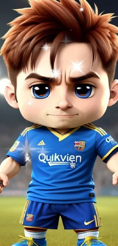 Cute cartoon soccer player in a blue and yellow jersey.