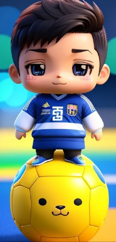 Cute cartoon soccer player on a yellow ball with colorful background.