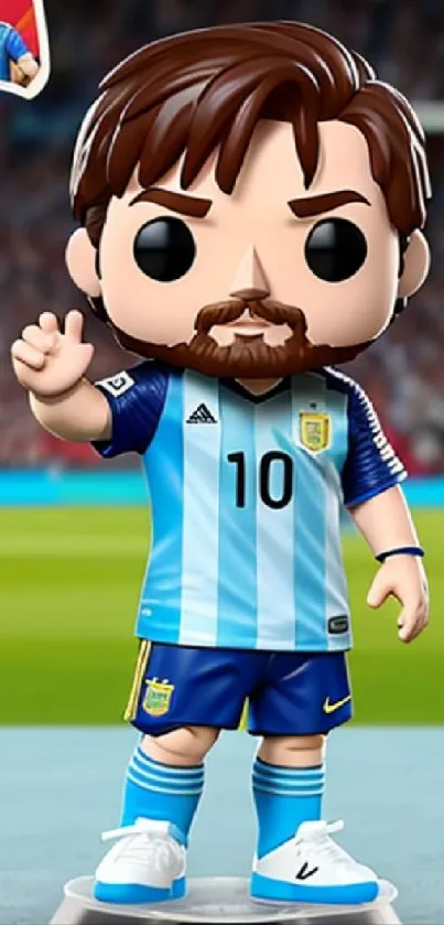 Cartoon soccer player figurine in blue jersey standing in a stadium.