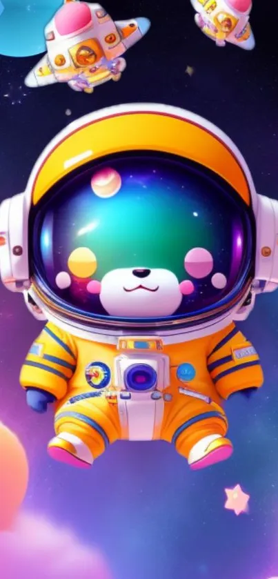 Cute cartoon astronaut floating in a colorful space scene.