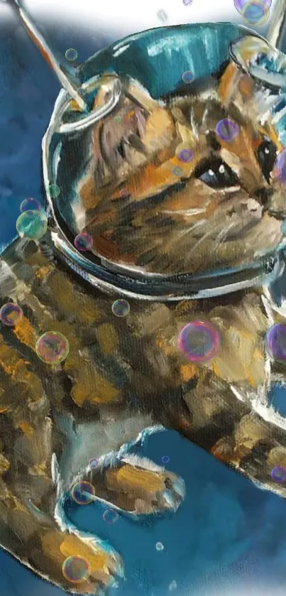 Illustration of a cat in space with planets and stars.