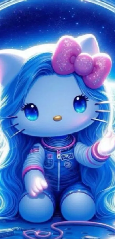 Cute cat in space with blue and pink tones.