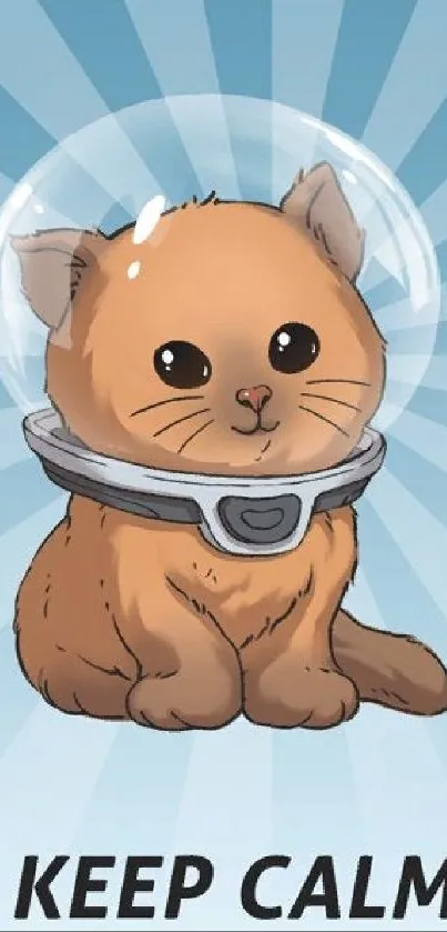 Cute illustrated cat in spacesuit on light blue background.