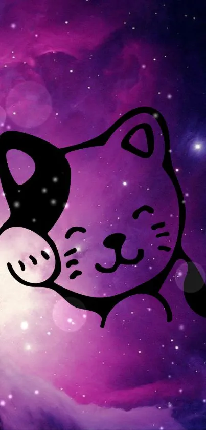 Cute cat silhouette on a vibrant purple galaxy background.