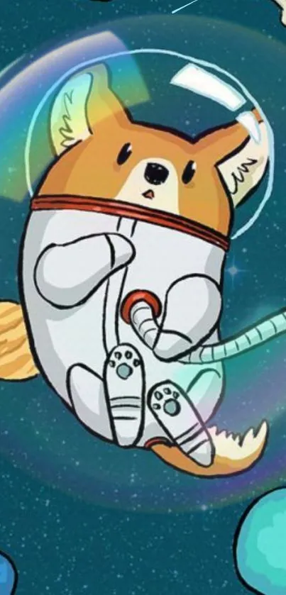 Cartoon dog in spacesuit floating in space with planets.