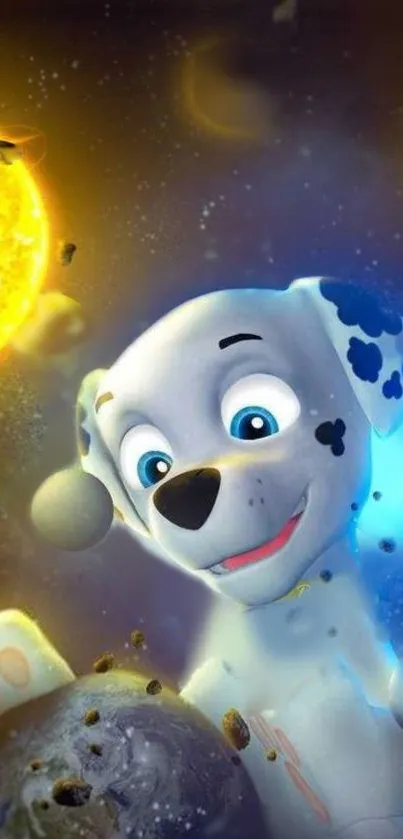 Cartoon dog in a vibrant space with sun and planets.