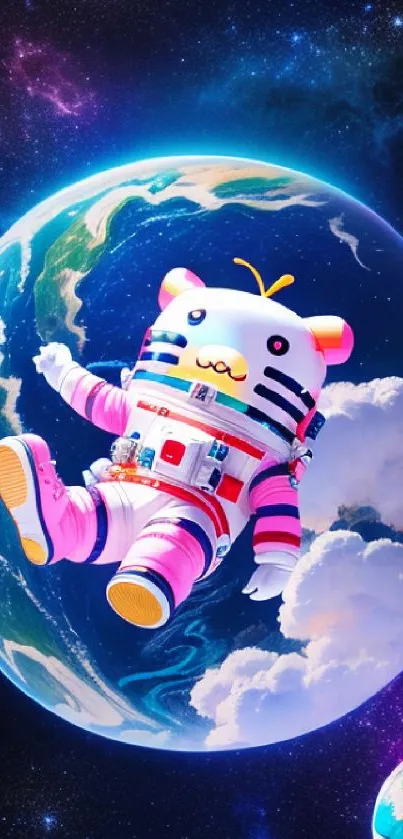 Adorable cat astronaut in space with Earth.