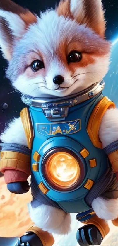 Cute fox in astronaut suit floating in space.