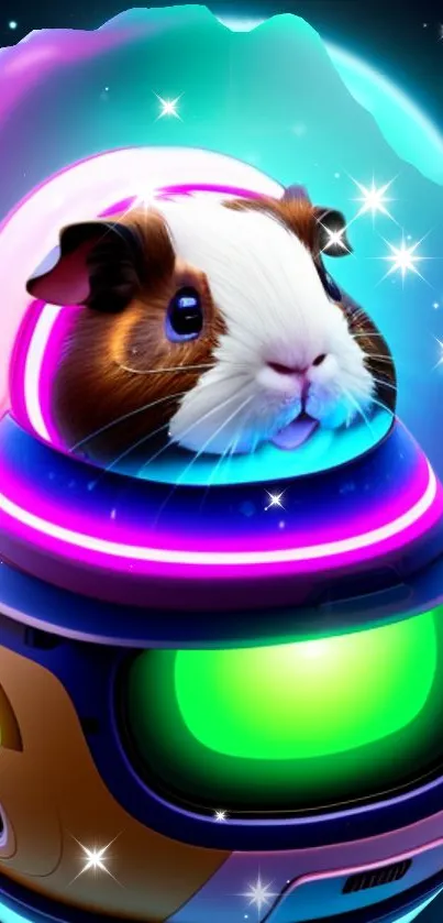 Guinea pig in neon space suit with cosmic background.