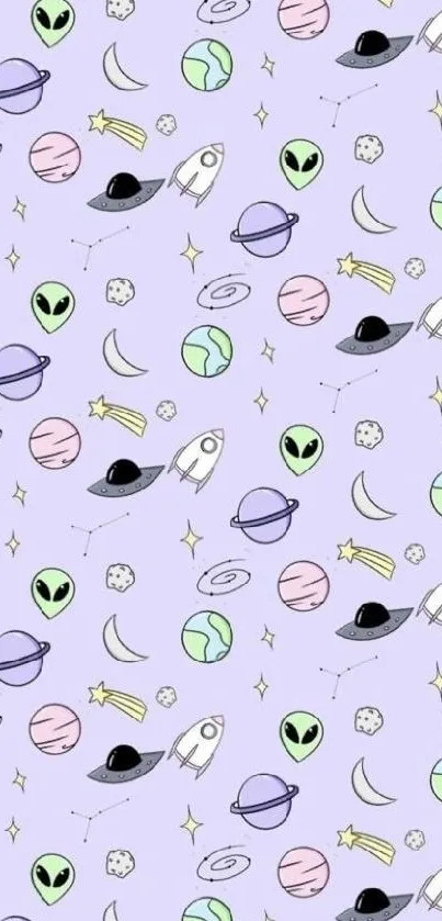 Cute pastel space wallpaper with UFOs and aliens on lavender.