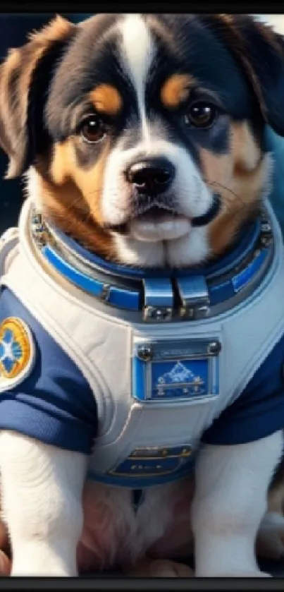 Adorable puppy dressed in astronaut suit in a cosmic-themed mobile wallpaper.