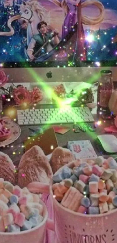 Whimsical pink and sparkle anime-themed desk wallpaper.