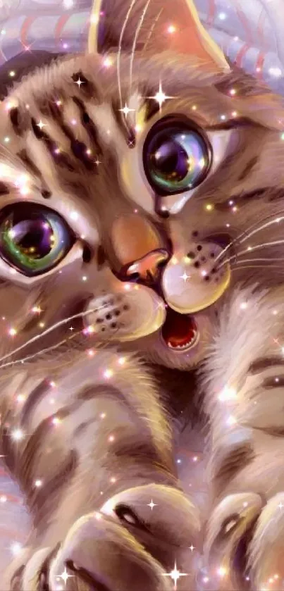 Cute sparkling cat art with large expressive eyes.