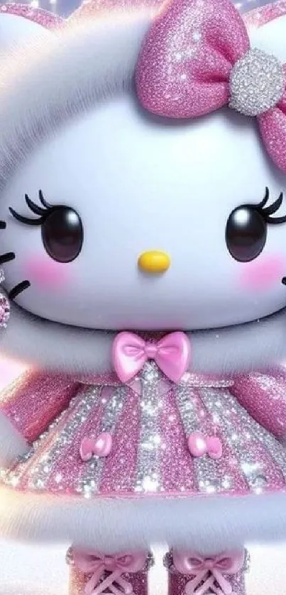 Sparkling kawaii cat with pink bow in adorable wallpaper.