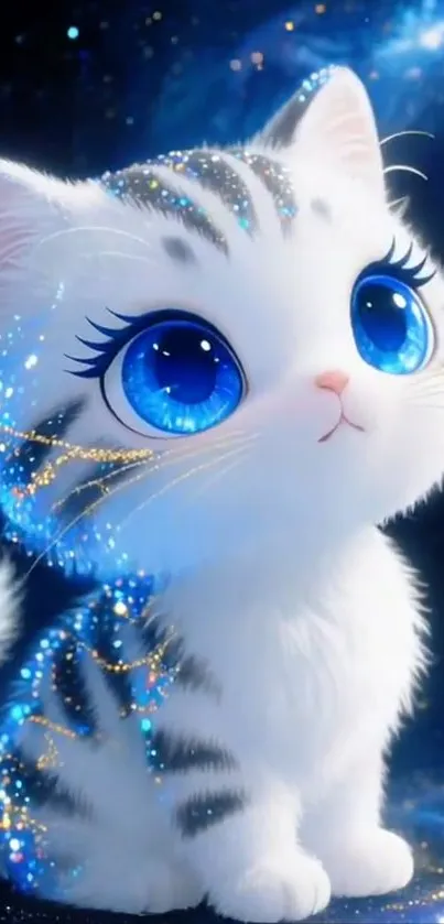 Adorable cat with sparkling blue eyes in fantasy setting wallpaper.