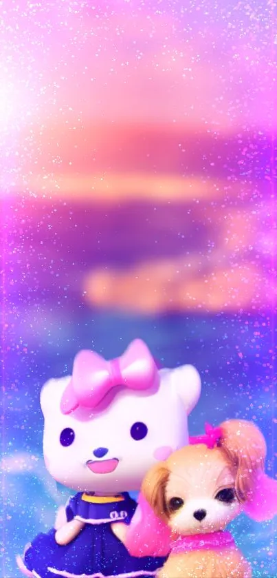 Cute white toy with a pink bow beside a tiny dog on a colorful, sparkly background.