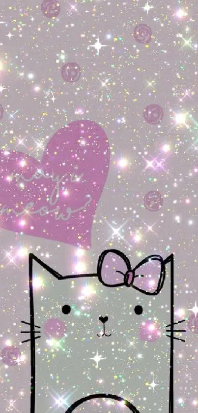 Cute sparkly cat wallpaper with pink heart and glitter.