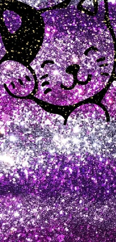 Purple and silver glitter wallpaper with cute cat design.