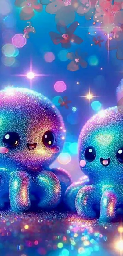 Cute sparkly octopus with colorful bokeh background.