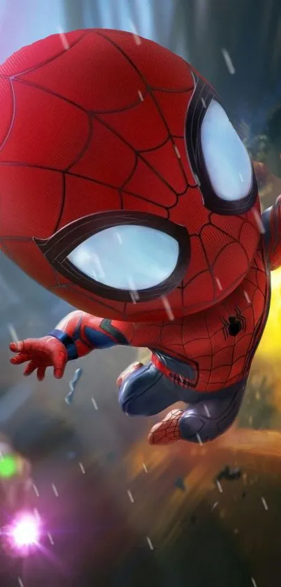 Cute Spider Hero swings through action-packed scene.