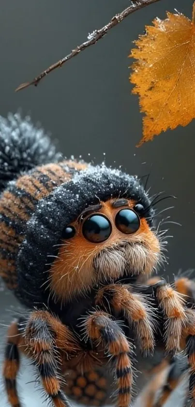 Cute spider wearing a winter hat with a leaf above.