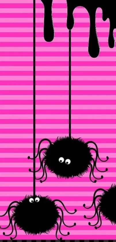 Cute black spiders on pink striped background with black drips.