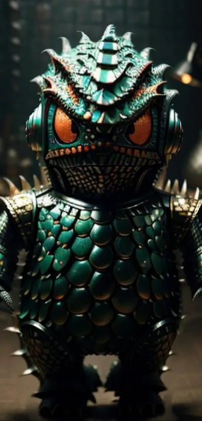 Spiky green monster with orange eyes in artistic fantasy armor.