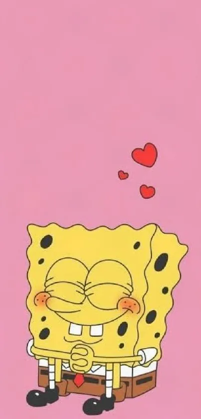 SpongeBob with hearts on pink background mobile wallpaper.