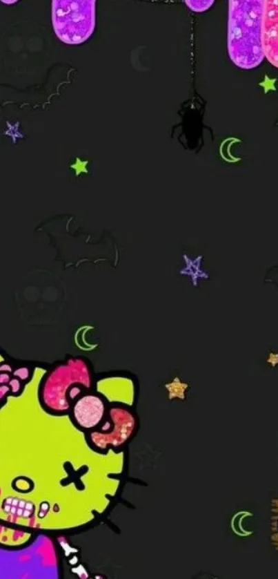 Neon spooky cat wallpaper with stars and creepy Halloween elements.