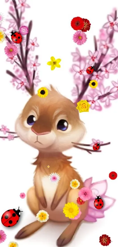 Cute bunny with flowers and ladybugs on a white background.