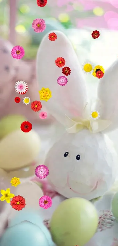 Cute bunny with colorful flowers and Easter eggs in pastel hues.