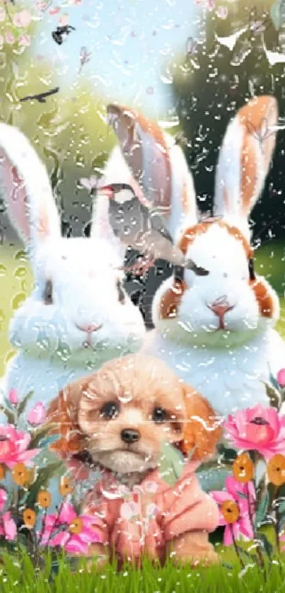 Cute puppy and rabbits in a spring flower garden wallpaper.