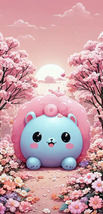 Cute pastel character in spring blossom landscape wallpaper.