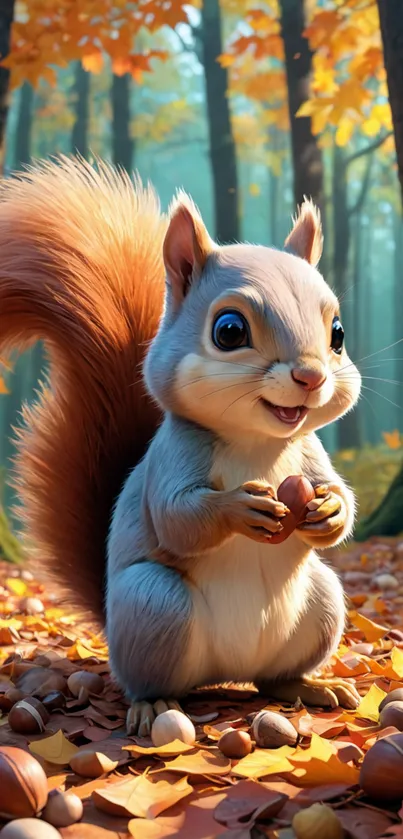 Cute squirrel holding acorn in autumn forest.