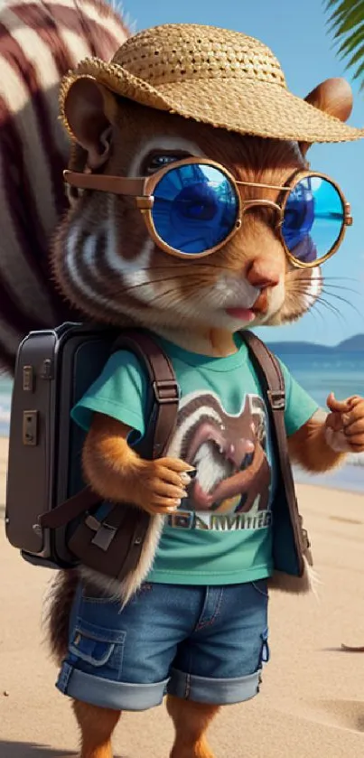 Adorable squirrel in beach outfit with sunglasses on a tropical shore.