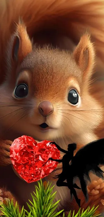 Cute squirrel with fairy holding a red heart gem in a magical forest setting.