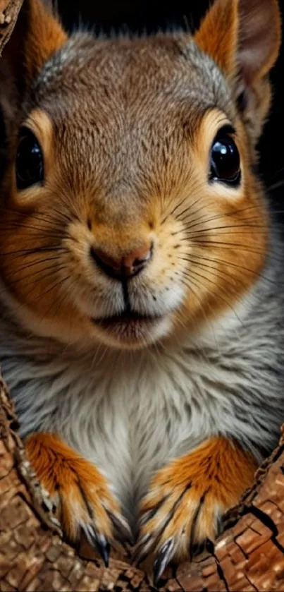 Squirrel peeking out from tree hollow