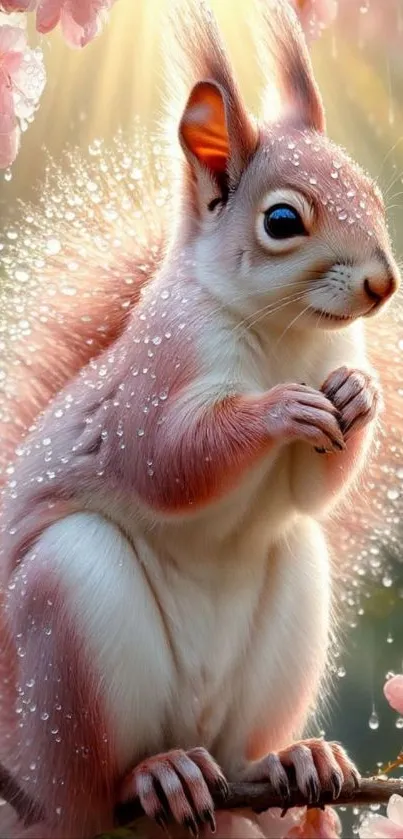 Cute squirrel amid pink cherry blossoms