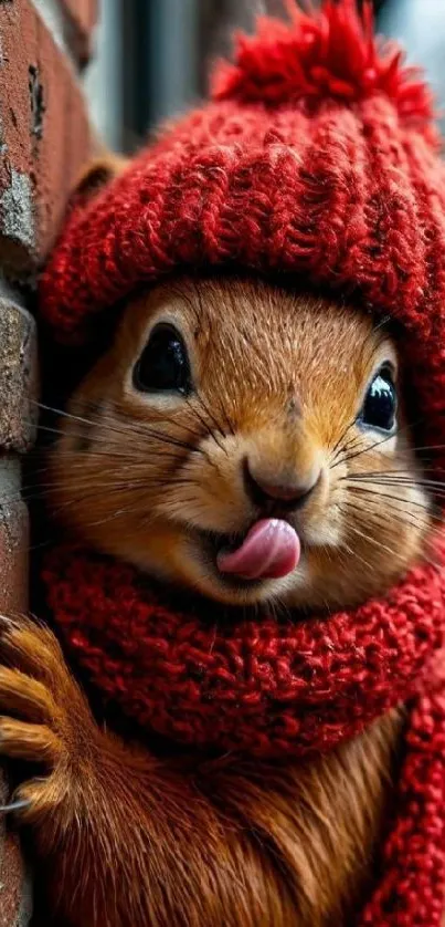 Squirrel wearing a red hat and scarf next to a brick wall.